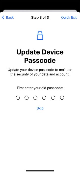 పరికర పాస్కోడ్ భద్రతా తనిఖీని నవీకరించండి